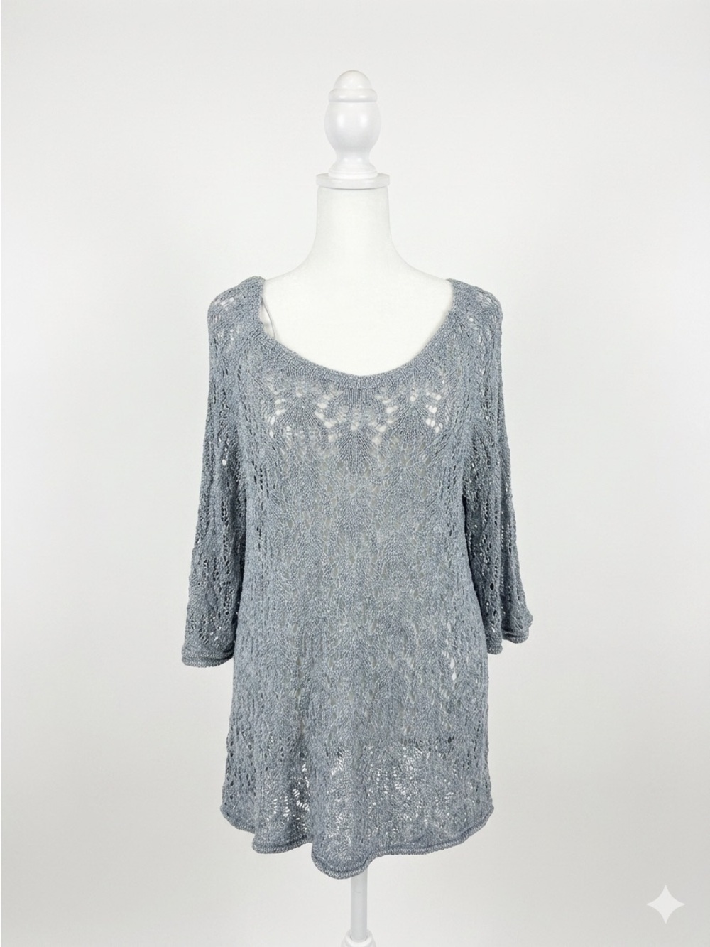 Light Gray/Blue Open-Knit Scoop-Neck Tunic Top